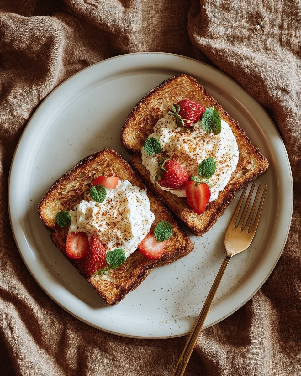 Two thick slices of golden brown French toast are served on a white scalloped plate. Each slice has a soft creamy layer of white yogurt or cream in the middle, topped with small pieces of bright red strawberries and a light dusting of cinnamon or spice. The toast edges look crispy with a slightly darker crust, and the inside appears fluffy. A gold fork rests on the right side of the plate. The plate is set on a warm brown textured surface next to a soft cloth with a delicate floral print, while a sprig of strawberry leaves and a flower appear in the background. Photo taken with an iphone --ar 4:5 --v 7