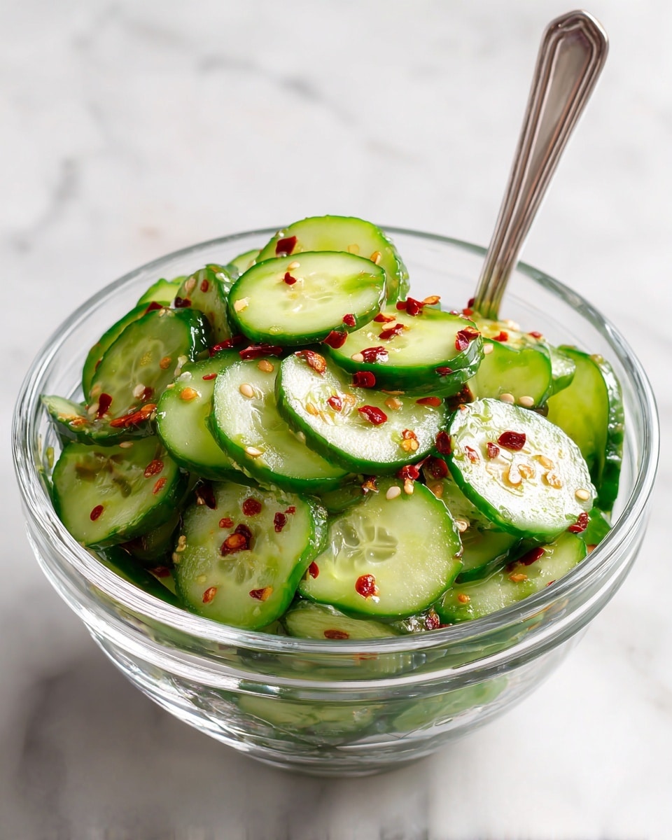 The image shows a clear glass bowl filled with many thin, round cucumber slices that are bright green with a smooth, shiny texture. The cucumber pieces are layered loosely inside the bowl, and small red chili flakes are scattered on top, adding a pop of color. A spoon with a silver handle is placed inside the bowl, resting on the cucumber slices. The bowl is set on a white marbled surface. photo taken with an iphone --ar 4:5 --v 7