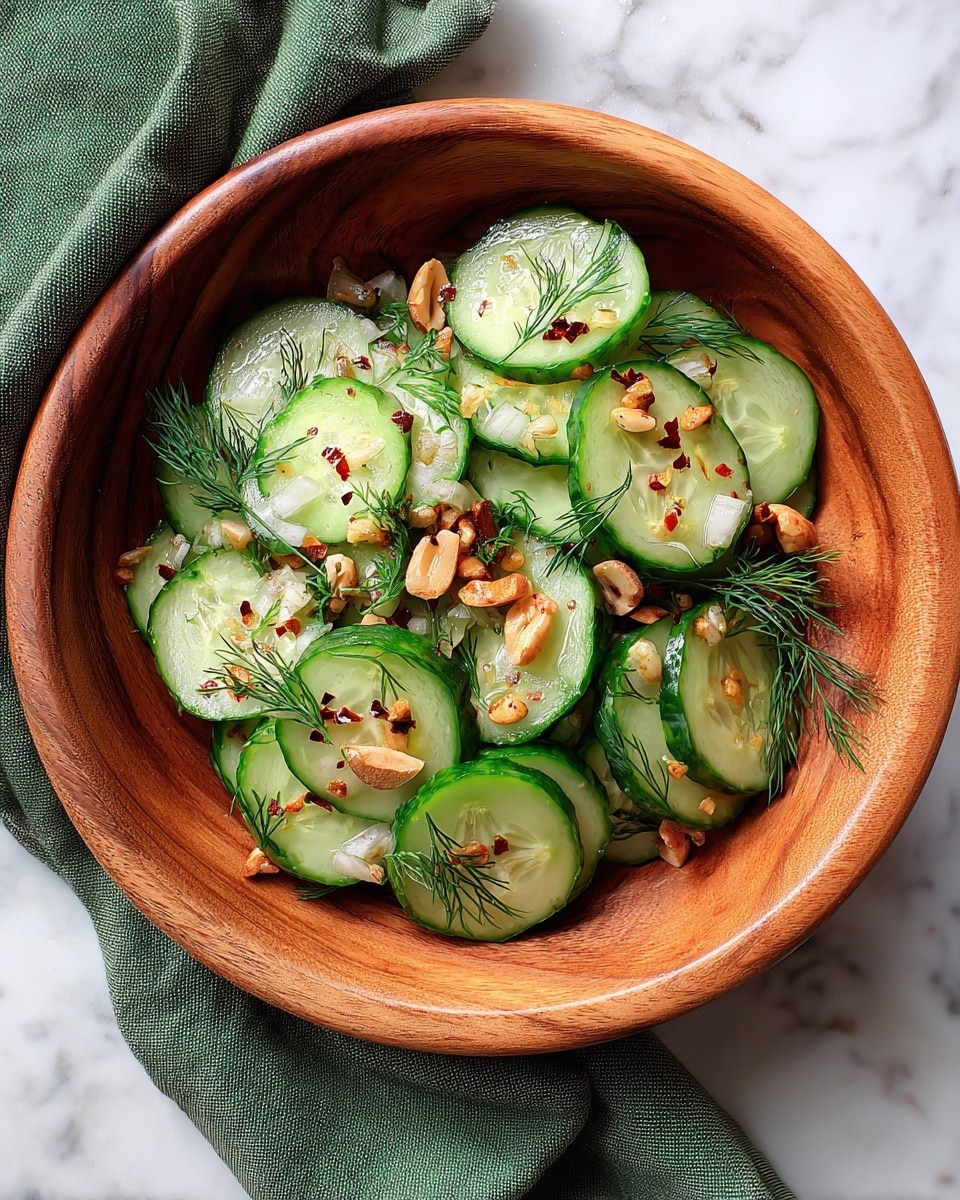 The image shows a bowl of cucumber salad with about three layers of thick round cucumber slices topped with small pieces of chopped nuts and fresh green dill sprigs spread evenly over the salad. The bowl has a wood grain pattern and is placed on a white marbled surface with a folded olive green fabric to the side. The cucumbers have a bright green outer skin and a pale, slightly translucent inside with a fresh and crisp texture. Photo taken with an iphone --ar 4:5 --v 7