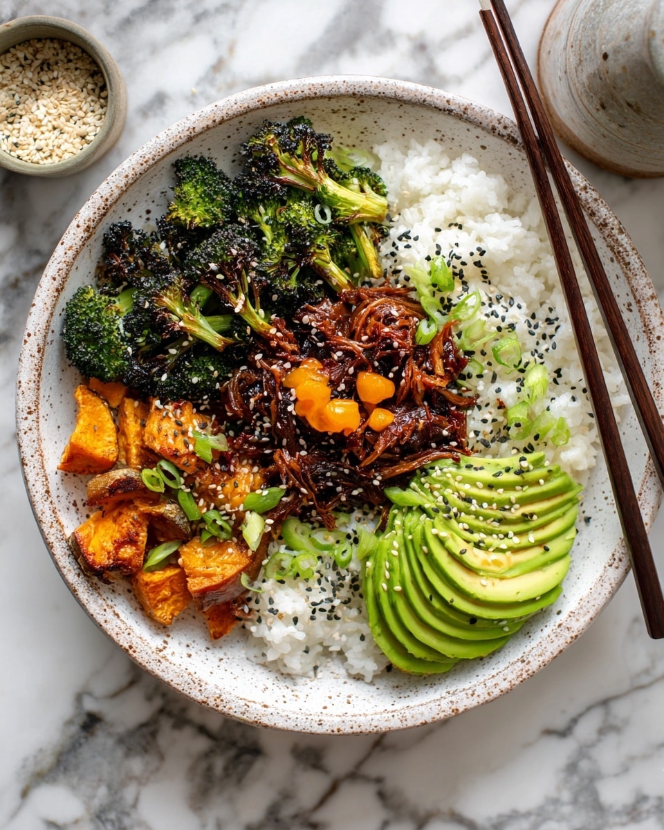 A grey plate filled with four main layers: the bottom is white rice, topped on one side with dark green charred broccoli, on the other with light green avocado slices sprinkled with white and black sesame seeds and small drops of orange sauce; near the avocado are thick pieces of yellow steamed or baked sweet potato skin showing purple edges, and next to them are dark, glossy, shredded pieces of meat garnished with thin green onion strips and more sesame seeds. The plate sits on a white marbled surface, with a pair of dark wooden chopsticks resting on its left side. photo taken with an iphone --ar 4:5 --v 7