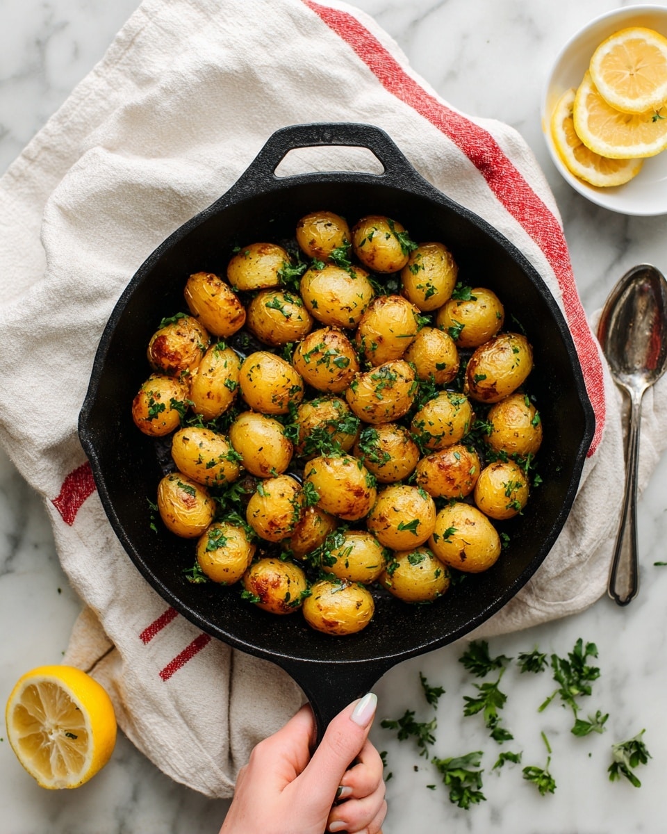 The image shows a black cast iron pan filled with small round golden-brown potatoes cooked with herbs, giving a slightly shiny texture. The potatoes are evenly spread in one layer inside the pan, topped with some green parsley leaves for decoration. A woman's hand is holding the pan handle, which rests on a white linen cloth with red stripes. The background is a white marbled surface with a white bowl containing lemon slices and a few scattered parsley leaves nearby. A silver spoon with some herbs is on the right side of the pan. Photo taken with an iphone --ar 4:5 --v 7