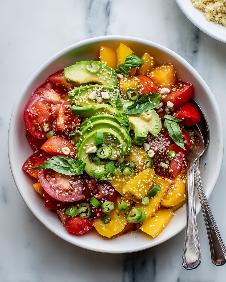 The image shows a colorful salad in a white bowl, layered with large pieces of red and yellow tomatoes, bright green cucumber chunks, and small cherry tomato halves. The salad is sprinkled with white and black sesame seeds, thin slices of green chili, fresh basil leaves, and a few cashew nuts, creating a vibrant and fresh look. A silver spoon and fork rest on the side inside the bowl, with part of a white bowl filled with couscous and roasted chickpeas visible at the top left corner. The whole setup sits on a white marbled surface. Photo taken with an iphone --ar 4:5 --v 7