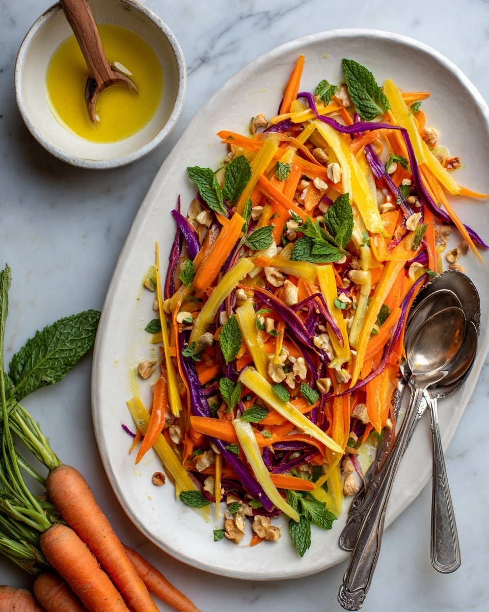 A white oval plate filled with a colorful salad showing thin strips of orange, purple, yellow, and white vegetables mixed together. On top, small dark brown raisins and chopped green pistachios are scattered. Bright green fresh mint leaves are laid across the salad. Two silver spoons sit on the right side of the plate, some salad resting on one. The plate is placed on a white marbled surface with a few whole carrots, a small bowl with a wooden spoon holding a light yellow liquid nearby, and some chopped pistachios on another small white plate. photo taken with an iphone --ar 4:5 --v 7