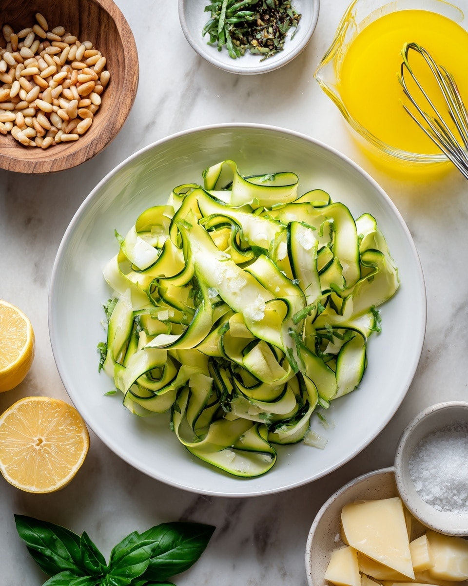 A white plate in the center holds wide, light green, thin ribbons of zucchini with dark green edges loosely piled on top. Surrounding the plate on a white marbled surface are small bowls: one with light tan pine nuts, another with small, dark green chopped herbs, and a third with a light yellow sliced cheese. A glass measuring cup on the right contains a bright yellow liquid with a metal whisk inside. Near the bottom left are two lemon halves showing bright yellow flesh and a wooden bowl with white salt. Fresh green basil leaves are scattered along the bottom edge. Photo taken with an iphone --ar 4:5 --v 7