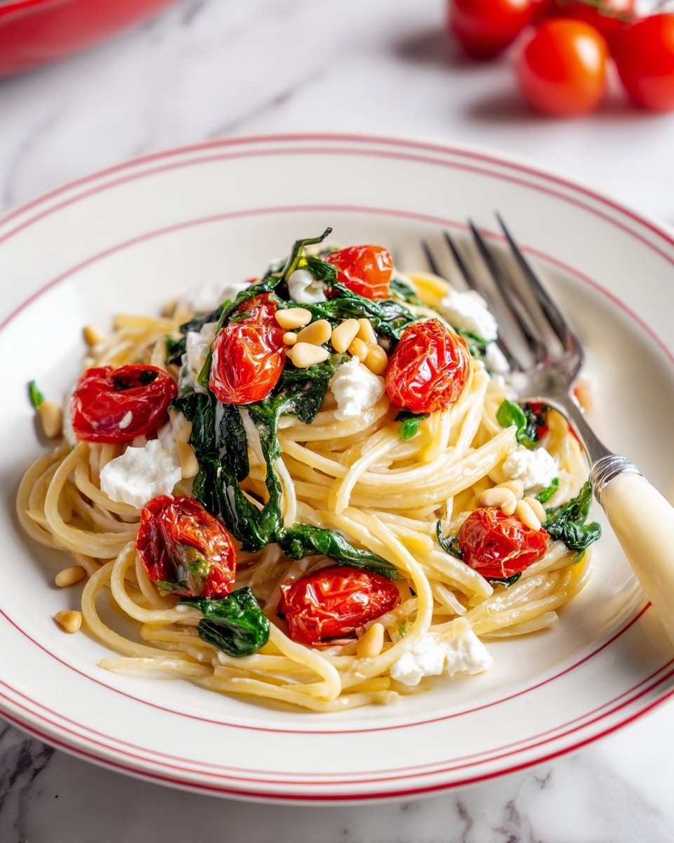 A white plate with two thin red rings holds a single layer of long, pale yellow cooked pasta strands. Scattered on top are bright red roasted cherry tomato halves, handfuls of fresh green spinach leaves, and small white dollops of cheese. There are also a few light tan pine nuts and small bits of yellow zest mixed throughout. A vintage silver fork with a cream handle rests on the left side of the plate. The plate is on a white marbled surface with some red tomatoes in the top left corner and a red pot handle in the top right. Photo taken with an iphone --ar 4:5 --v 7