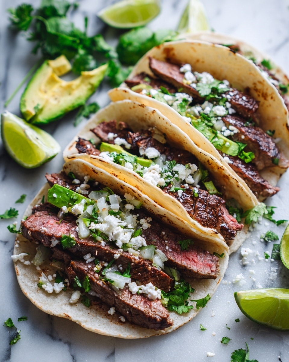 Four soft white corn tortillas each hold a filling made of tender, sliced grilled steak with a pink center, topped with finely chopped white onions and fresh green cilantro, and sprinkled with white crumbly cheese. The tacos are arranged closely on a dark surface, surrounded by slices of green and yellow lime, fresh cilantro sprigs, and a partially visible jar of green salsa at the top right. The texture of the tortillas is slightly puffed with some light browning. Photo taken with an iphone --ar 4:5 --v 7