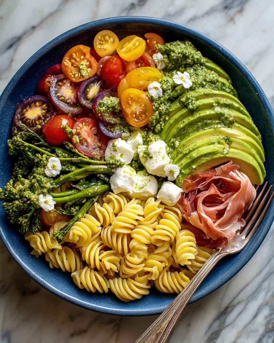 On a large white plate, there is a colorful pasta salad with three main layers. The first layer is a mix of spiraled pasta coated in a light green pesto sauce, with a slightly oily texture. The second layer includes several slices of light green avocado arranged in a fan shape on the right side and small pieces of dark green kale scattered around. The top layer features halved cherry tomatoes in both red and yellow colors, small white dollops of soft cheese sprinkled with black seeds, and thin folded slices of pink prosciutto. There are small white edible flowers decorating the dish, and the whole image shows a bright and fresh look with the plate sitting on a white marbled surface. photo taken with an iphone --ar 4:5 --v 7