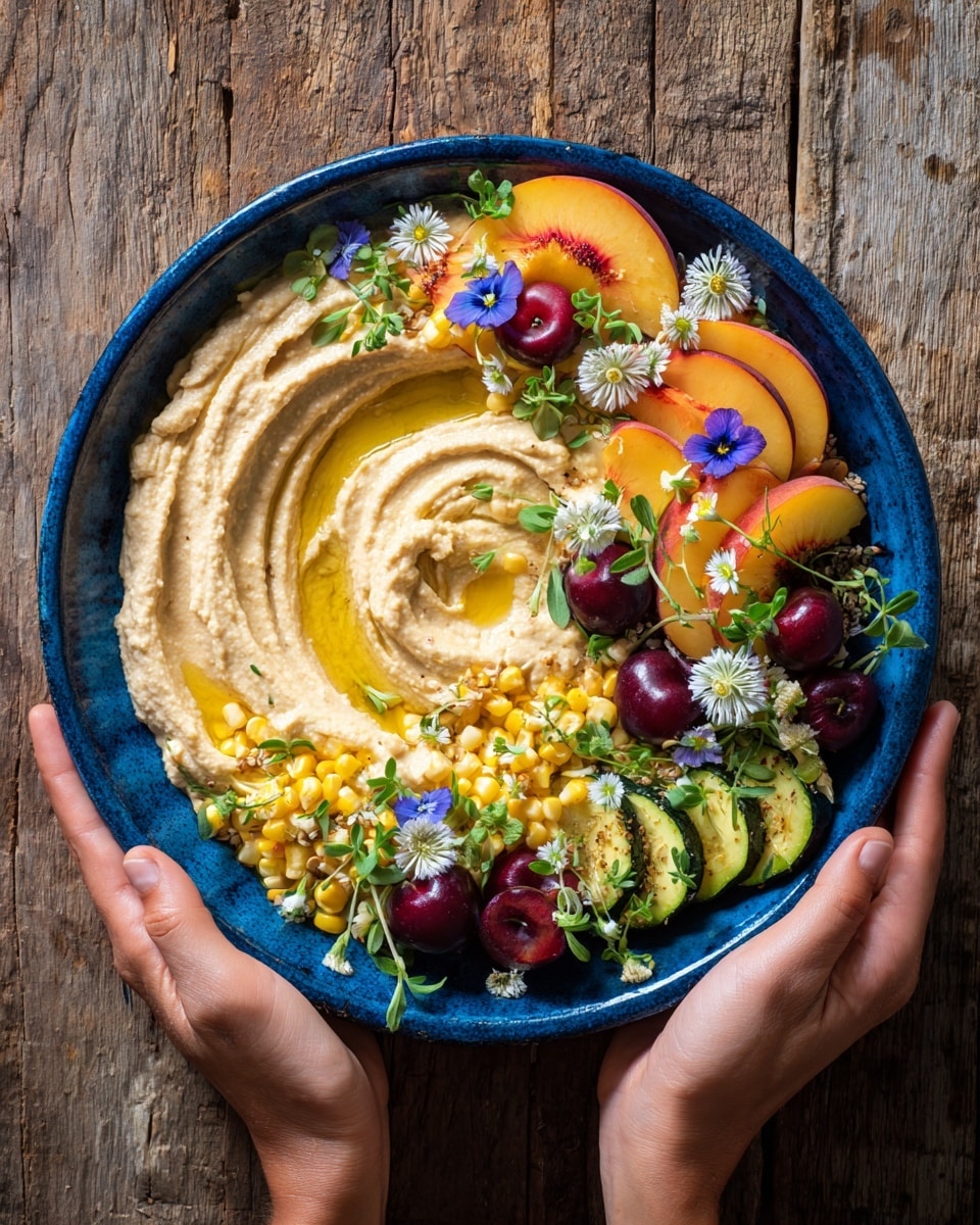 A deep white bowl holds a thick layer of smooth beige hummus spread in a wide circle, with a small pool of golden olive oil in the center. On top, colorful fresh veggies and fruits are artfully arranged: bright yellow corn pieces, thin slices of orange peach, green cucumber rounds, dark red cherry tomato halves, and a few dark cherries. Green leaves and small sprouts, along with a vibrant yellow edible flower, add freshness and color contrast. The bowl is held by a pair of small woman's hands with a white long-sleeve shirt visible at the bottom. The setting is on a white marbled surface. photo taken with an iphone --ar 4:5 --v 7
