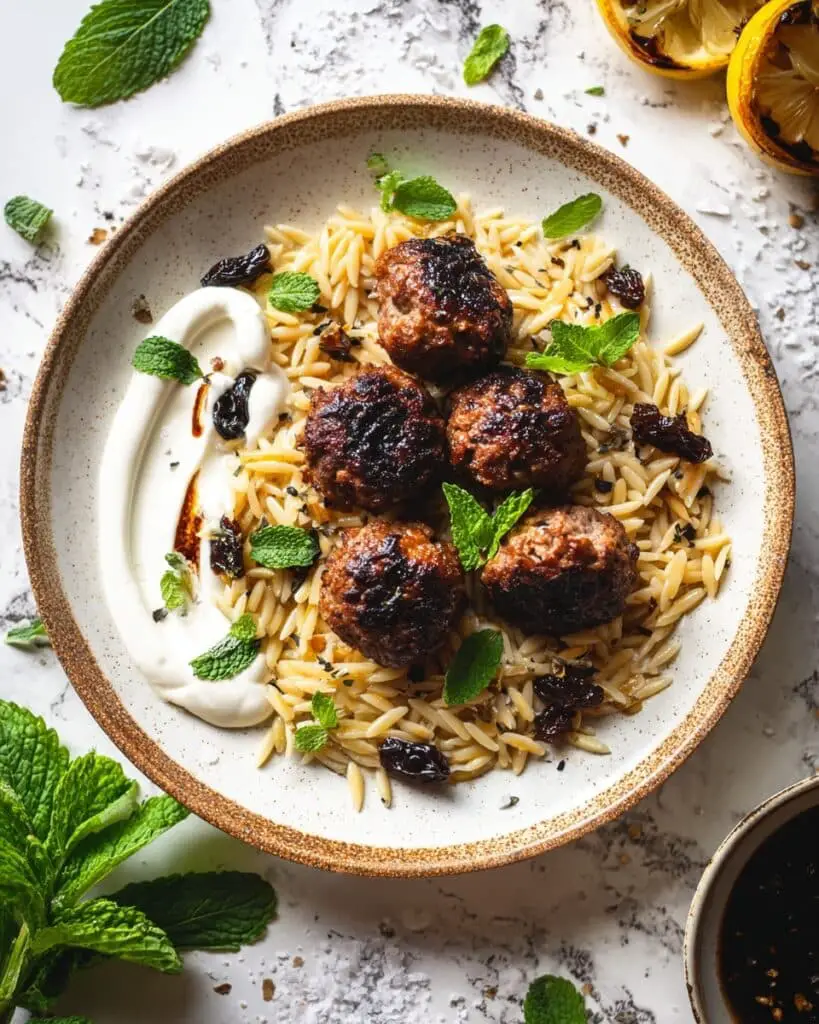 One Skillet Greek Meatballs and Lemon Butter Orzo with Whipped Feta Recipe