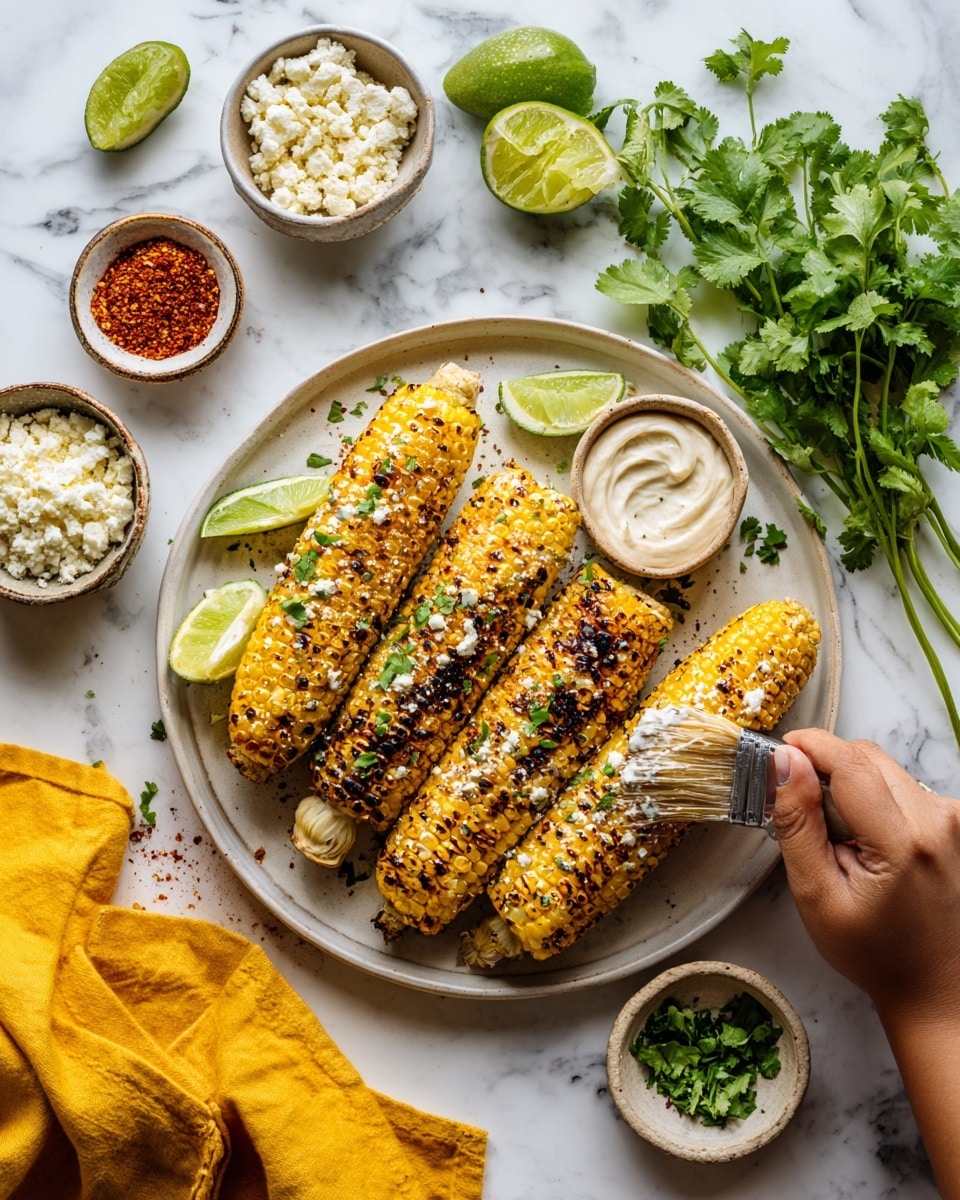 The image shows five grilled corn cobs on a round white plate, with some corn kernels slightly charred for a toasted look. A woman's hand is holding one corn cob while another woman's hand uses a brush to spread a creamy white sauce evenly over it. Around the plate, there are small white bowls containing crumbled cheese, red chili powder, and herbs, along with a lime juicer holding half a lime. Fresh green cilantro leaves are placed on the white marbled surface near the plate, and a yellow cloth is partly visible at the bottom. Photo taken with an iphone --ar 4:5 --v 7