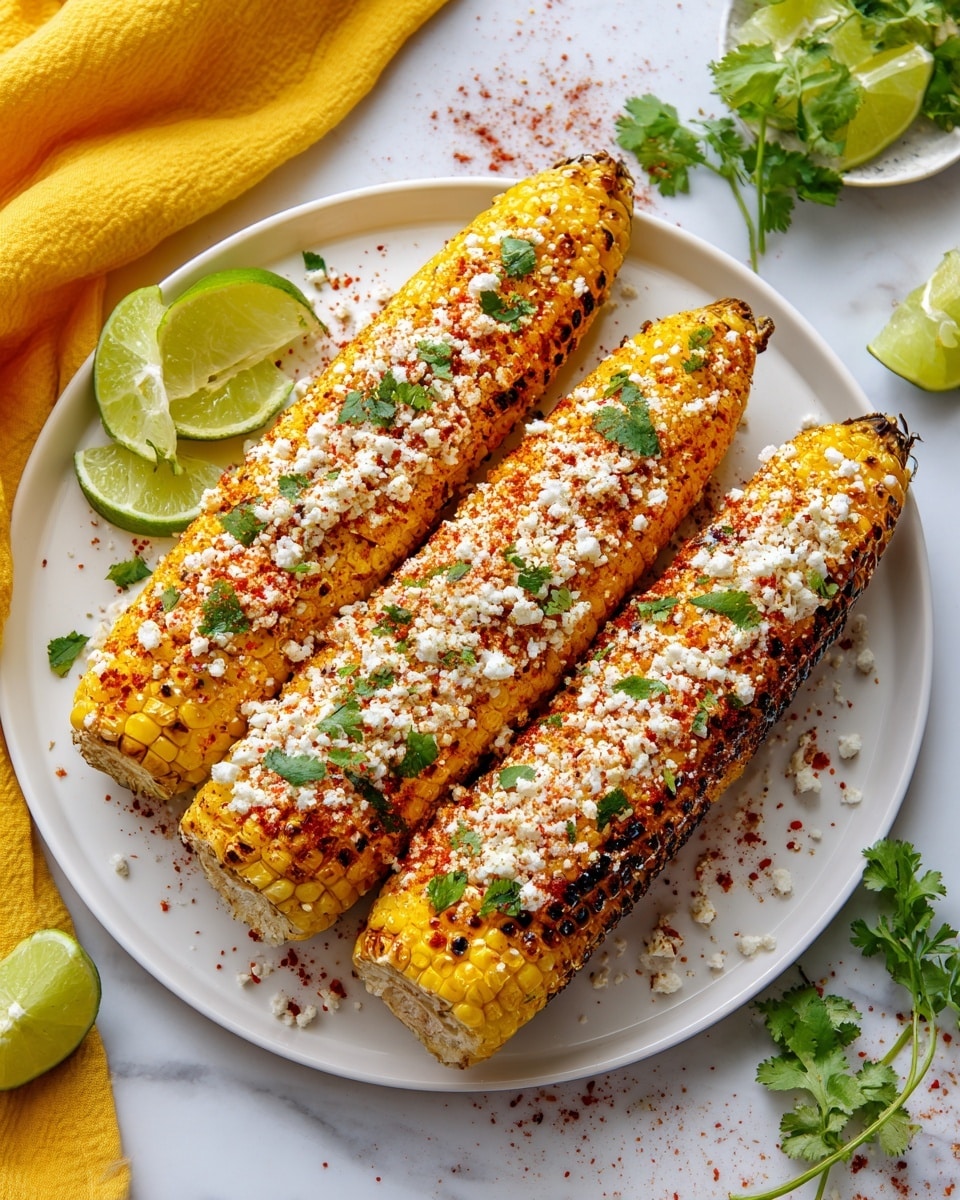The image shows four corn cobs lined up on a white round plate with a light green tint. Each cob is covered with a thick layer of white crumbly cheese, a sprinkle of red chili powder, and small green herb leaves scattered on top. The corn kernels beneath are pale yellow, and the cobs have white ends with some husk left. Around the plate, there are a few scattered green cilantro leaves and lime wedges, adding a fresh touch. The plate is placed on a white marbled surface, and a yellow cloth is partially visible in the top right corner. photo taken with an iphone --ar 4:5 --v 7