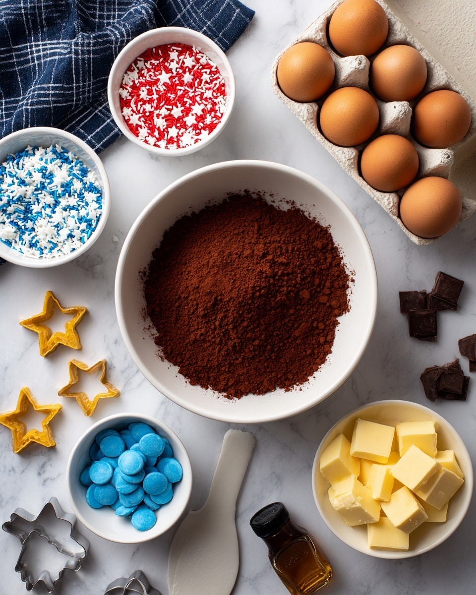 The image shows a white bowl full of brown cocoa powder in the center on a white marbled surface, surrounded by smaller white bowls with different ingredients: one with bright red, white, and blue star-shaped and round sprinkles; one with melted dark brown liquid; one with blue chocolate discs; one with light yellow butter cubes; and one with brown cocoa powder. To the top right, there is a white carton with six light brown eggs. At the lower right, there is a small dark brown bottle of vanilla extract with a black cap, and a white spatula lies on the bottom left. Two star-shaped cookie cutters, one silver and one yellow, are at the bottom right. A folded dark blue and white checkered cloth is placed at the top left photo taken with an iphone --ar 4:5 --v 7