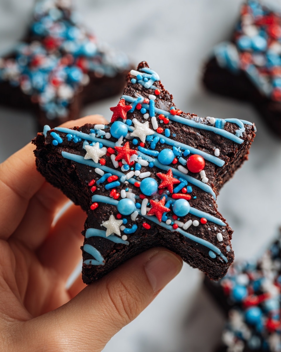 A dark brown star-shaped brownie held by a woman's hand on the left side, decorated with thin lines of blue icing drizzled across its surface, and covered with small red, white, and blue sprinkles including tiny white balls and a silver star-shaped sprinkle near the top left. The background has a blurred white marbled texture with a glass bottle of milk on the right and a plate of similarly decorated brownies out of focus below. The lighting is bright and soft, highlighting the rough texture of the brownie and the shiny sprinkles photo taken with an iphone --ar 4:5 --v 7