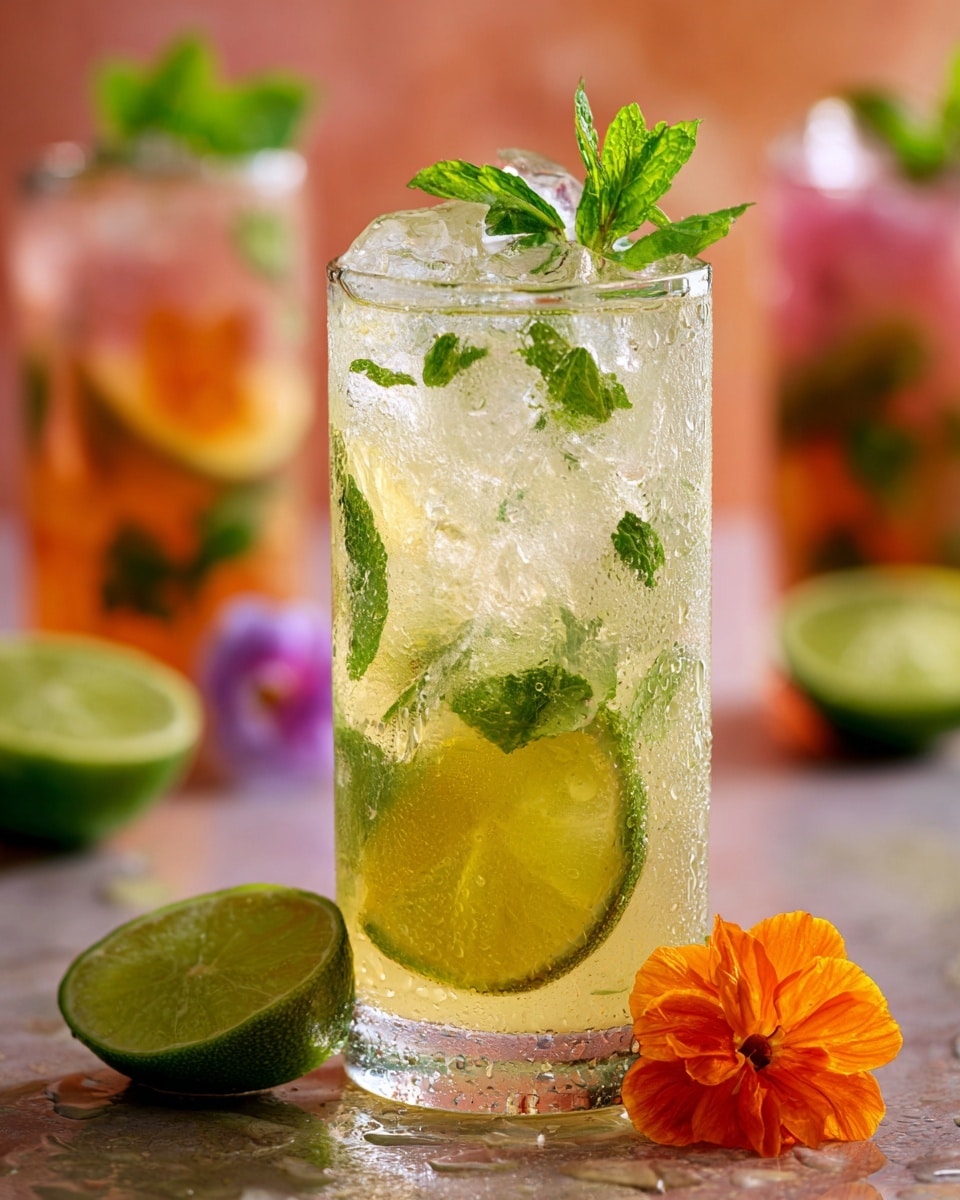 A tall clear glass filled with a light yellow drink, layered with white ice cubes and fresh green mint leaves inside, topped with a slice of lime on the rim and a sprig of mint standing up in the center. In the foreground at the base of the glass, there are two bright green lime slices with a small orange flower resting on top. The glass sits on a wet white marbled surface with a few drops of water and ice cubes around it. In the blurred background, two more similar drinks appear, both dark red in color with ice and mint leaves, one decorated with a small orange flower. Photo taken with an iphone --ar 4:5 --v 7