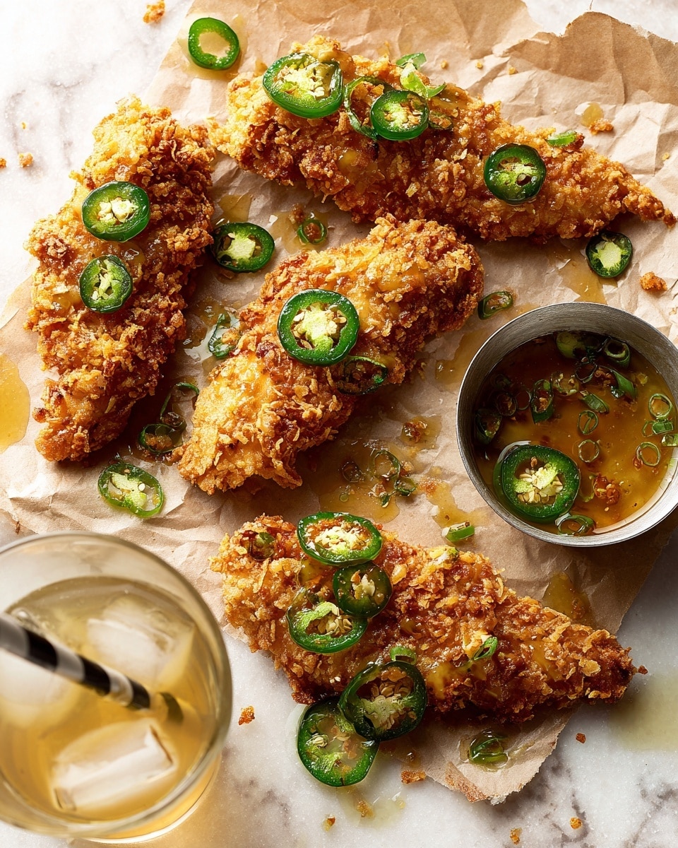 The image shows four crispy golden-brown fried pieces coated in a crunchy crumb layer with visible bits of corn, each topped with sliced green chili peppers. They rest on light brown parchment paper over a white marbled surface. A small silver cup filled with a clear sauce containing more sliced green chili peppers sits near the food, with some sauce spilled around it. In the bottom left corner, part of a light-colored drink in a glass with a black and white striped straw and ice cubes is visible. The setup looks rustic and casual. photo taken with an iphone --ar 4:5 --v 7
