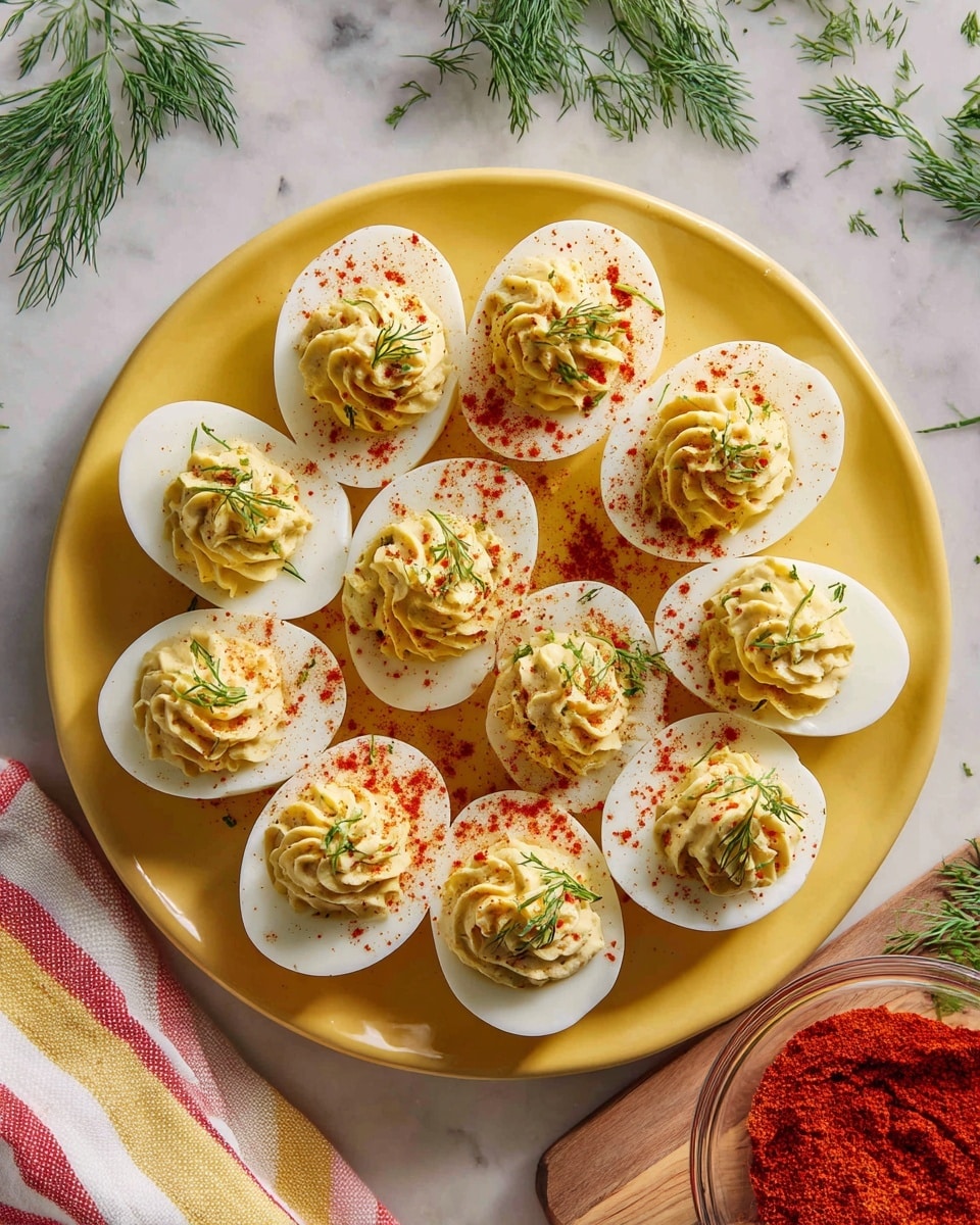 A white oval plate holds twelve deviled eggs arranged in three rows, each egg half filled with a smooth, creamy yellow yolk mixture. Each dollop has a dusting of red paprika powder and is topped with a small sprig of fresh green dill. The plate sits on a white marbled surface with some loose dill sprigs scattered around. To the side, a striped cloth with yellow, red, and white colors lies partially folded near a small glass bowl filled with red paprika powder on a wooden board. Photo taken with an iphone --ar 4:5 --v 7