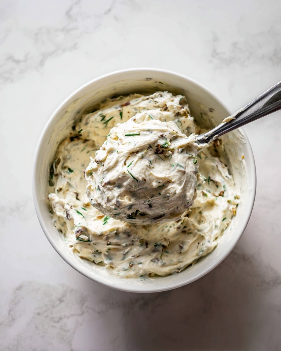 The image shows a white bowl filled with a creamy mixture that has a soft, thick texture. The mixture is mainly white with small green herb pieces and bits of light brown ingredients scattered throughout. A shiny metal spoon is lifting some of the creamy mix inside the bowl. The bowl sits on a white marbled surface. Photo taken with an iphone --ar 4:5 --v 7