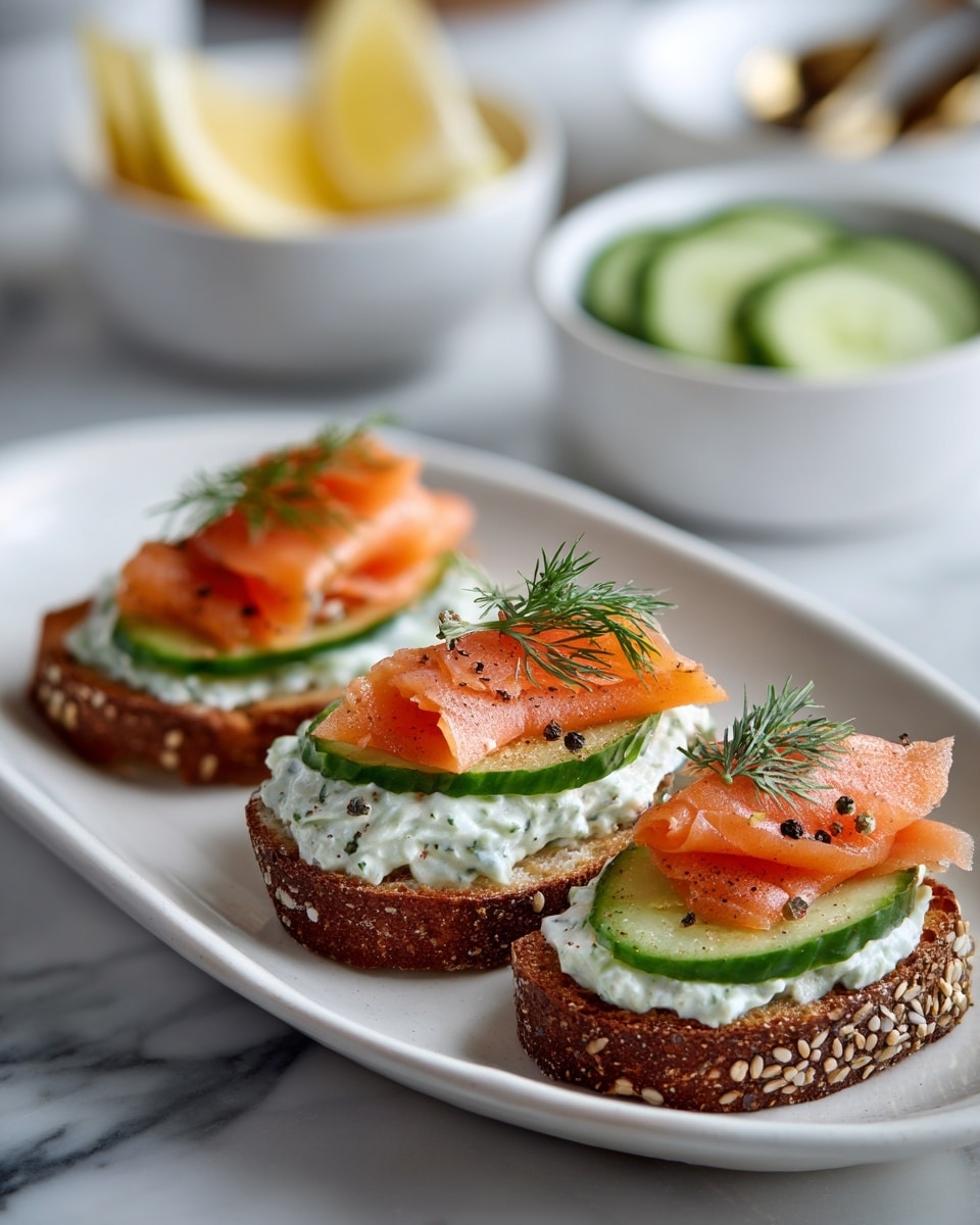 Three pieces of toasted sesame seed bread are arranged on a large white plate with a white marbled texture surface beneath. Each toast slice has three layers: the bottom is a golden-brown seeded toast, topped with a thick layer of creamy herb-spread white cheese, followed by a fresh green cucumber slice, and finished with a folded bright orange smoked salmon piece sprinkled with black pepper and garnished with a small sprig of fresh green dill. A small wooden bowl with cucumber slices and a white bowl with lemon wedges are blurred in the background. photo taken with an iphone --ar 4:5 --v 7