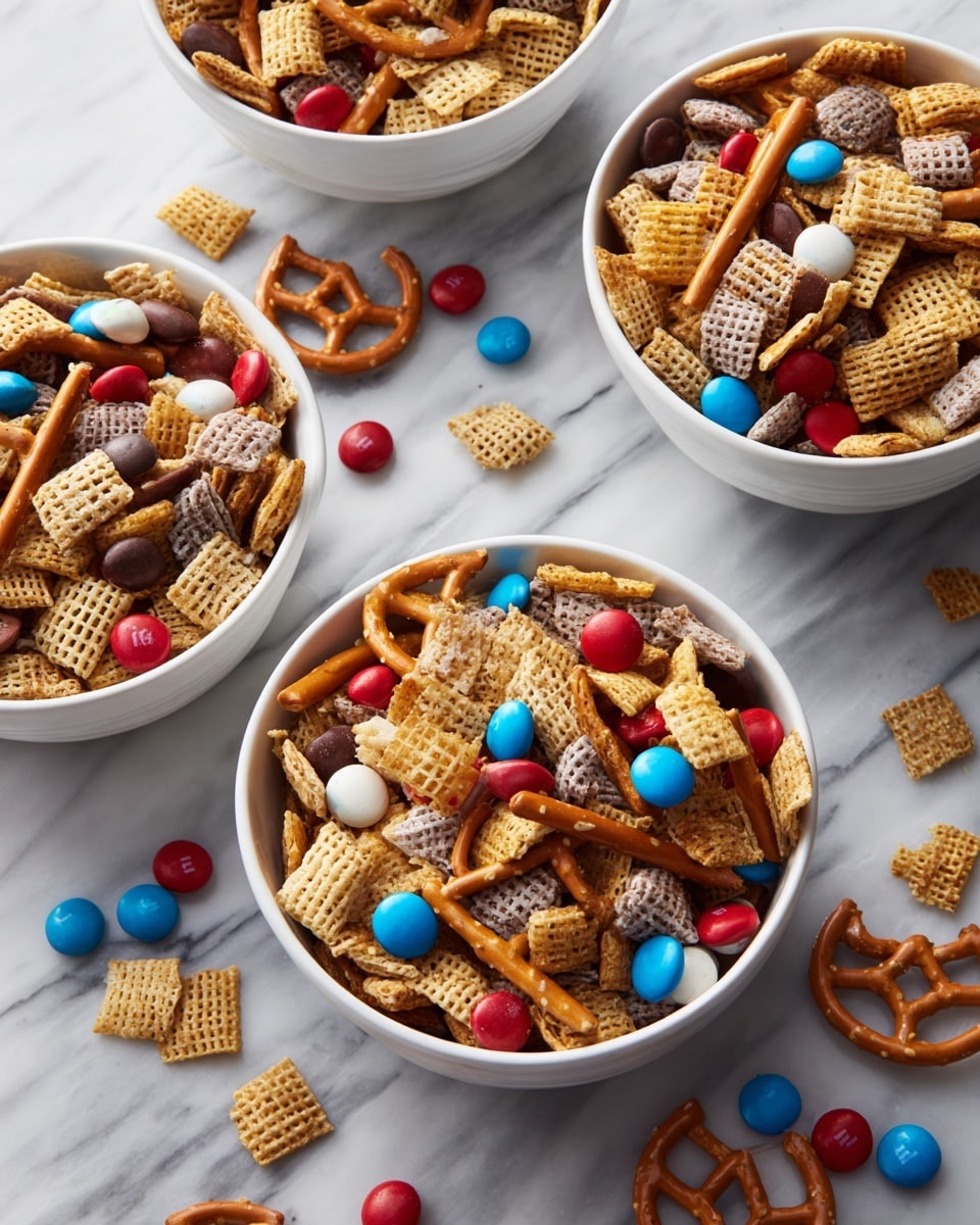 Several bowls of snack mix are filled to the top and arranged on a white marbled surface. Each bowl contains multiple layers of different textured pieces: light golden cereal squares, tan small pretzel sticks, and pale round cereal loops. Scattered throughout the mix are red, white, and blue candy-coated chocolates, some whole and some with a dusting of powder. The bowls vary in color, including white, blue, and red. The snack mix appears crunchy and colorful with red, blue, and white candies adding bright spots on top and inside the mix photo taken with an iphone --ar 4:5 --v 7
