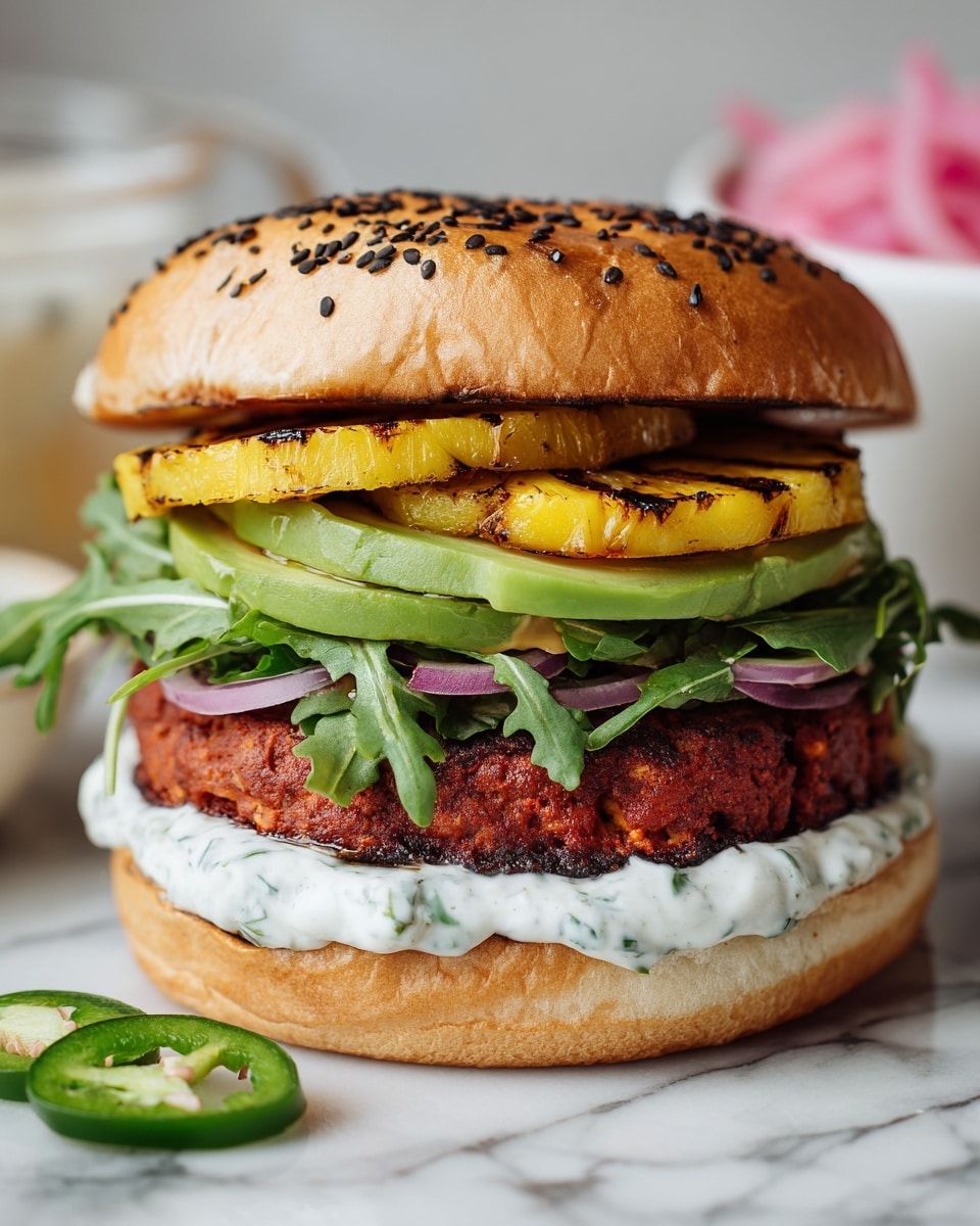 A sandwich with a popped poppy seed top bun rests on a white marbled surface. The bottom bun holds a spread of white herb cream cheese. On top of the cream cheese is a thick, textured reddish-orange patty. Above the patty is a smooth, sliced green avocado layer. On top of that are pieces of grilled pineapple. The sandwich is finished with bright green leafy watercress under the top bun. In the foreground, a few slices of picked jalapeno and celery stalks are visible, along with a small white bowl of pickled red onions. Photo taken with an iphone --ar 4:5 --v 7
