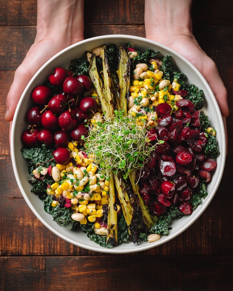 A large white bowl is filled with a fresh salad showing multiple layers. The bottom layer consists of dark green kale leaves with curly edges. On top are pieces of yellow corn cut into small rounds and slices, along with pale beige beans scattered evenly. Red cherries, some whole and some sliced in half, add bright color across the salad. Thin green sprouts sit right in the center on top, giving a fresh look. The salad is held by two muscular arms with a visible woman's hand supporting the bowl on one side. The background is a white marbled texture. photo taken with an iphone --ar 4:5 --v 7