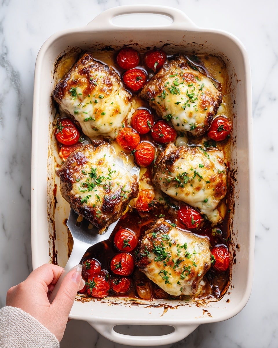 A rectangular white baking dish holds four pieces of golden-brown cooked meat topped with melted, slightly browned cheese sprinkled with green herbs. Around the meat, there are roasted small red cherry tomatoes, some softened and wrinkled. The dish contains a layer of dark sauce at the bottom. A woman's hand is holding a spatula lifting one piece of the meat. The background is a white marbled surface photo taken with an iphone --ar 4:5 --v 7