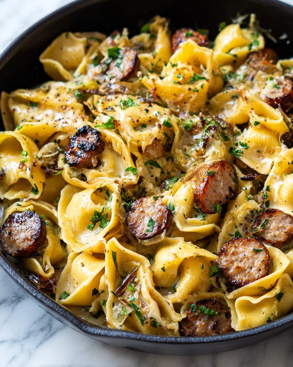 The image shows a deep, dark pan filled with a creamy pasta dish made of large yellow shell pasta. The pasta is mixed with browned sausage slices and small pieces of caramelized onions, all covered in a light cream sauce. The dish is topped with small green herb flakes and some tiny red flakes that add color. The pasta and ingredients look soft and coated well with the sauce. The pan is placed on a white marbled surface. photo taken with an iphone --ar 4:5 --v 7