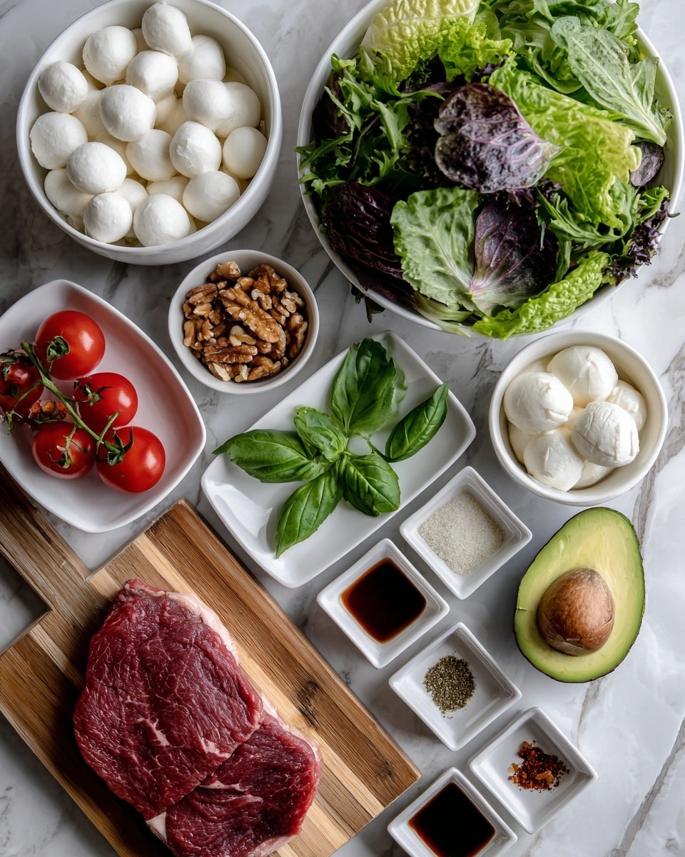 The image shows a white marbled surface with a variety of food items arranged neatly. On the top left, there is a small white bowl filled with small white mozzarella balls, next to it is another small white bowl containing crushed nuts. To the right, there is a large white bowl full of fresh green and purple salad leaves. Towards the center left, a small white plate holds a few cherry tomatoes on the vine and some green basil leaves. An avocado, halved with its seed in one half, is placed to the right of the tomatoes. Below the avocado, there are small white containers and dishes with different sauces and spices, arranged in a clean line. In the bottom left corner, a piece of raw steak with a deep red color lies on a light wooden board. Photo taken with an iphone --ar 4:5 --v 7