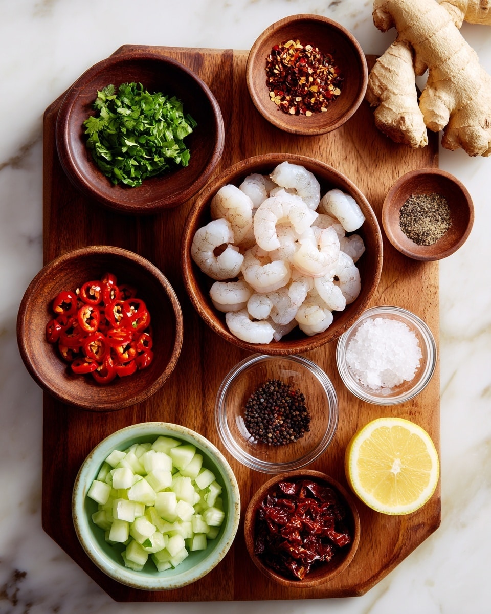 A wooden board on a white marbled surface holds multiple small bowls and ingredients arranged neatly. Two wooden bowls near the center hold raw peeled shrimp, stacked in small spirals. Around them, a dark wooden bowl at the top left contains chopped green herbs, while another smaller wooden bowl at the top center has crushed red pepper flakes. To the right of the shrimp bowls, a small wooden bowl holds black pepper, next to it a clear glass bowl filled with thinly sliced red chili peppers. Below, a smaller wooden bowl contains coarse white salt, and another clear glass bowl near the bottom right is filled with sun-dried tomato bits. A lemon half sits at the bottom right corner. At the bottom left, a wooden bowl contains chopped white onions, with chopped green cucumber in a small pale green ceramic bowl above it. Two pieces of fresh ginger root rest on the board, one at the top right and the other near the bottom left. photo taken with an iphone --ar 4:5 --v 7