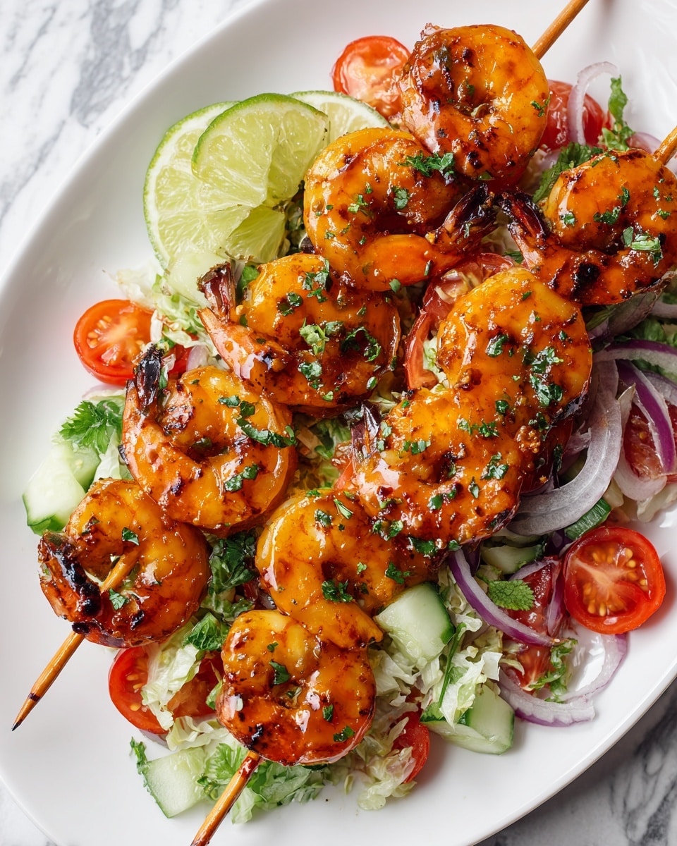 On a large white plate, there are three skewers with five grilled shrimp on each. The shrimp are golden-brown with charred bits and a shiny glaze, sprinkled with small green herbs. Underneath the shrimp is a colorful salad made of sliced cucumber, red cherry tomato halves, and thin slices of purple onion scattered around. Two lime wedges with bright green skin and pale juice sit on the left side of the plate. The plate rests on a white marbled surface. Photo taken with an iphone --ar 4:5 --v 7
