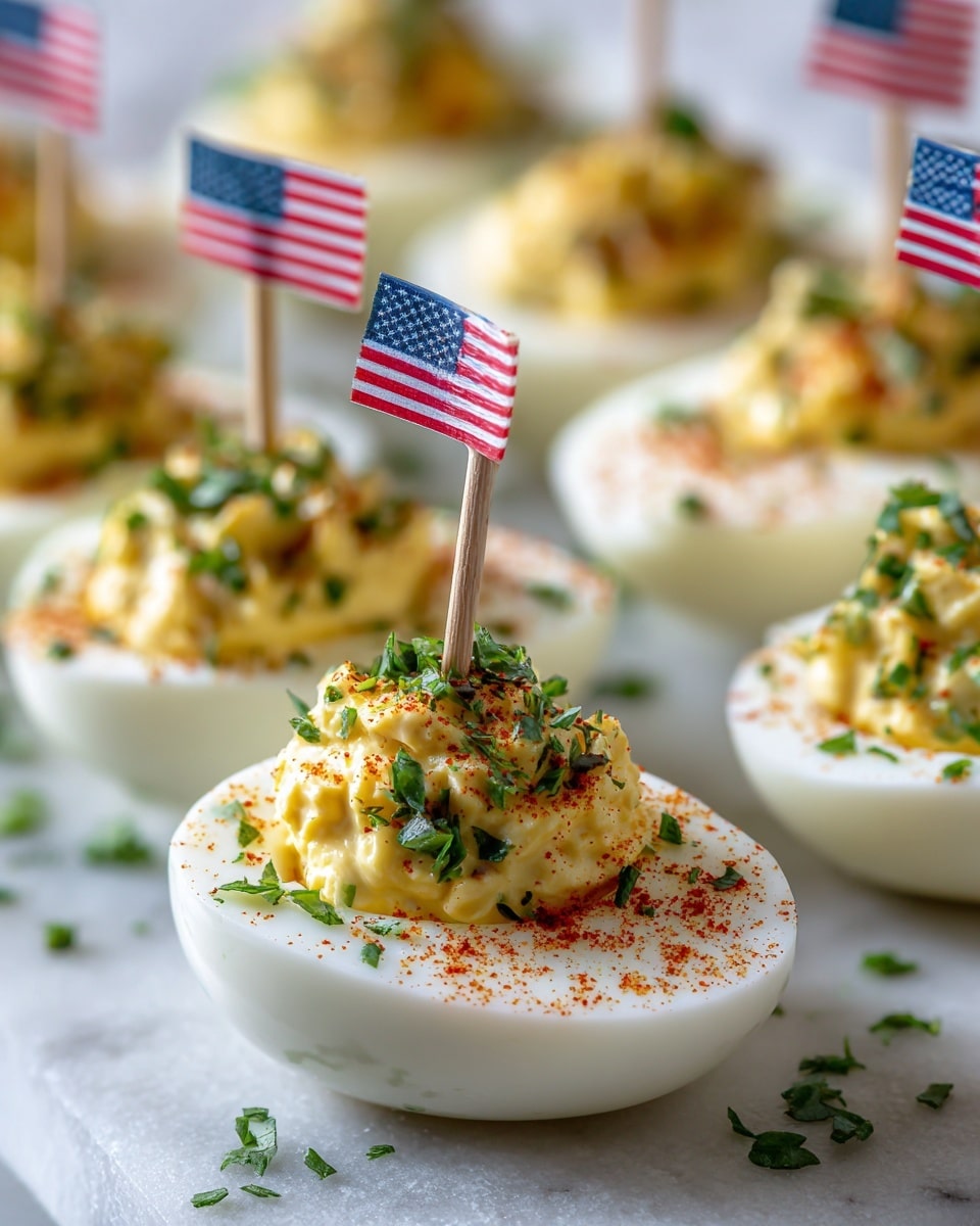 The image shows several white half-egg shells filled with creamy light yellow yolk mixture, each topped with a small American flag toothpick. The yolk filling is sprinkled with red paprika and green chopped herbs, creating a colorful contrast against the white egg whites. The eggs are arranged closely on a white marbled surface placed on a wooden board, with a slightly blurred background that keeps the focus on the front eggs. The filling has a slightly rough texture that looks soft and rich. photo taken with an iphone --ar 4:5 --v 7