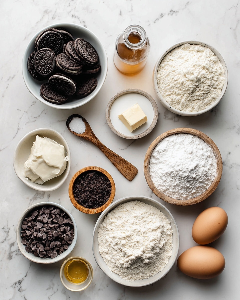 The image shows 11 bowls and containers with baking ingredients arranged on a white marbled surface. On the top left, there is a white bowl filled with dark Oreo cookies. To its right is a glass bottle with light brown liquid. Next to it, on the top right, there is a white bowl with white flour. Below the Oreos, there is a small wooden bowl with white salt, a small white bowl filled with chocolate chips, a small wooden spoon with a square piece of butter above the chocolate chips, and a wooden bowl filled with white flour on the right. In the middle, there is a small round white bowl with white sugar and a small wooden spoon inside it. Below them, there is a small glass cup with golden liquid and a small white bowl with dark chocolate chips on the right. On the bottom left, a small wooden bowl contains dark coffee grounds with a tiny amount of salt, and on the bottom right, there is a wooden bowl with three brown eggs. The bowls and containers vary in color and texture, adding contrast to the white marbled background. photo taken with an iphone --ar 4:5 --v 7