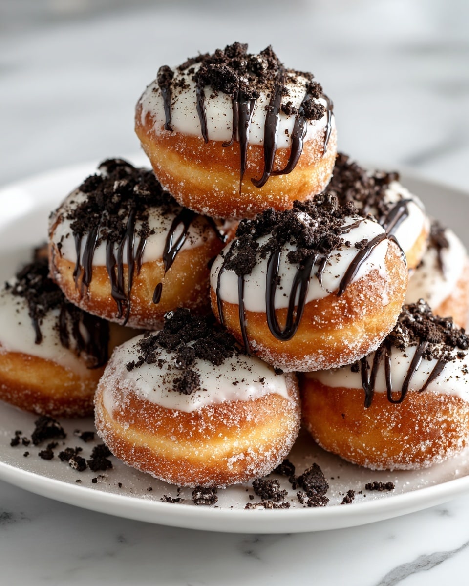 A white plate holds a pyramid stack of seven round golden brown dough balls with a crisp texture. Each dough ball is partially covered with a thick white cream layer that drips slightly down the sides. Dark chocolate sauce is drizzled over the cream and dough in neat lines. Crushed black cookie pieces are scattered on top and around the dough balls, adding a rough, crumbly texture. The plate rests on a white marbled surface, enhancing the soft and rich colors of the dessert. photo taken with an iphone --ar 4:5 --v 7