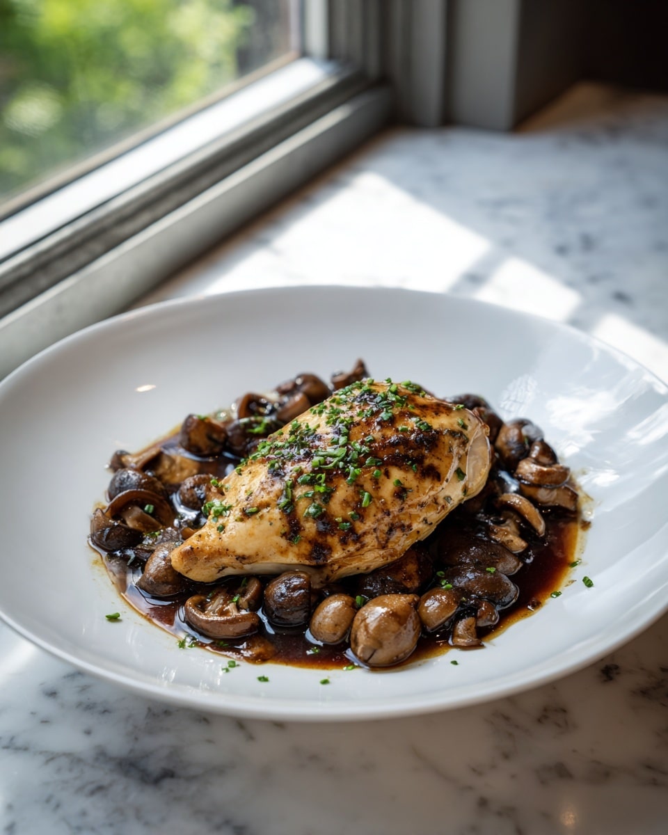 A white plate sits on a white marbled surface holding a single cooked piece of chicken with a golden brown color and a slightly shiny texture from sauce. Around and under the chicken are many small mushroom slices and whole mushrooms, cooked to a rich brown color, mixed in a thin dark sauce that pools gently on the plate. The top of the chicken and mushrooms are sprinkled with fresh, chopped green herbs that add a bright contrast. The focus is close up, showing the glossy and textured details of the mushrooms and the chicken skin, with soft natural light coming from the side. photo taken with an iphone --ar 4:5 --v 7