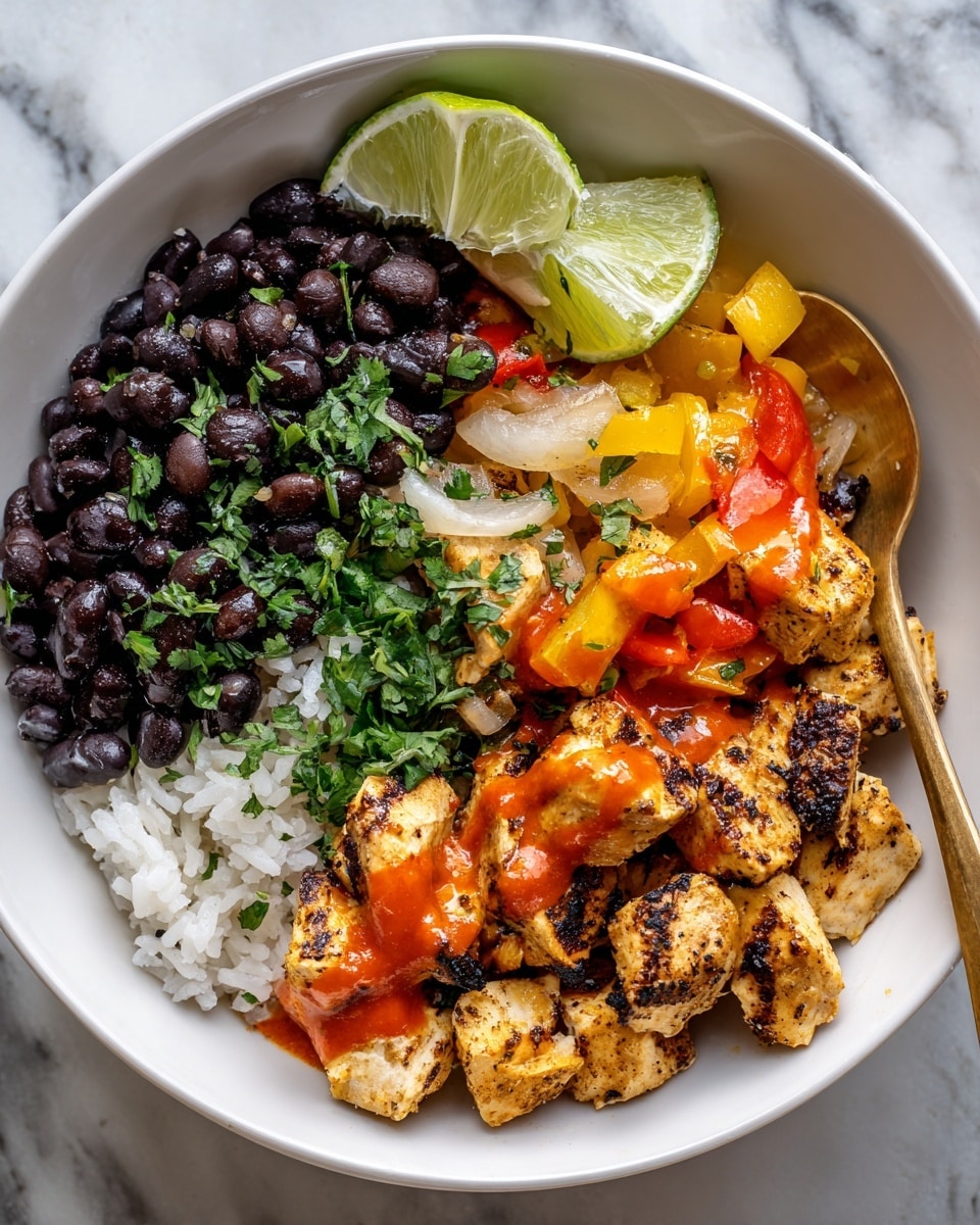 A white bowl filled with three main layers: at the bottom, there is a layer of white rice; on one side, black beans form a thick, dark layer; and on top, chunks of cooked chicken mixed with yellow pineapples and grilled onions add texture and color. Bright green chopped cilantro is sprinkled over the entire dish, along with small drops of reddish-orange sauce. A squeezed lime wedge rests on the edge of the bowl, and a gold spoon sticks out from inside. The bowl is placed on a wooden surface with fresh cilantro and lime slices nearby. photo taken with an iphone --ar 4:5 --v 7