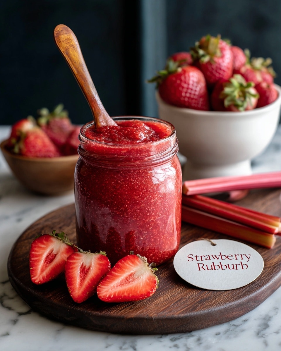 A clear glass jar filled with bright red strawberry rhubarb jam, showing a smooth but slightly textured surface inside, topped with a wooden spoon dipped into the jam. The jar is placed on a dark wooden board along with three fresh strawberry halves, their bright red and white interiors visible. Behind the jar is a white bowl filled with whole strawberries and some rhubarb stalks with light green and pink hues. A small round wooden tag with the words