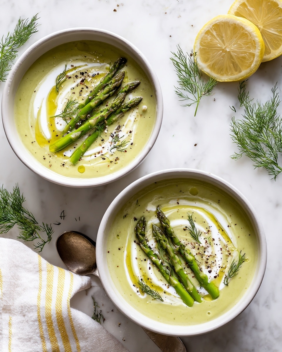 Two white bowls of smooth light green soup sit on a white marbled surface. Each bowl has swirls of creamy white sauce on top, with small drops of green oil spread around. On the surface of the soup, there are thin bright green asparagus spears cut into pieces and some fresh dill sprigs scattered. A bit of black pepper is sprinkled over the soup. To the side, there is a yellow and white striped cloth with a halved lemon and a partially peeled lemon resting on it. The setting looks fresh and clean. photo taken with an iphone --ar 4:5 --v 7