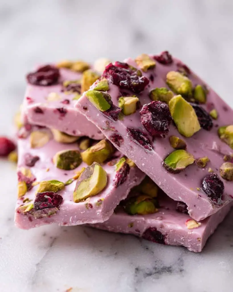 Ruby Chocolate Bark with Pistachios, Cranberries, and Edible Rose Petals Recipe