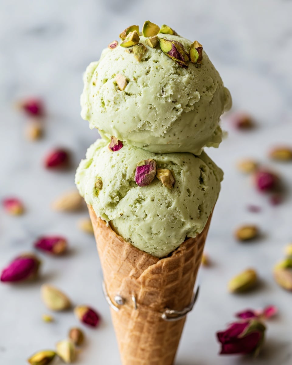 Two scoops of light green ice cream with a creamy texture sit on a waffle cone, with small chopped pistachio pieces sprinkled on top. The cone is placed in a metal stand against a soft blurred background. The surface beneath is a white marbled texture with scattered pistachio nuts and pink rose petals around. Photo taken with an iphone --ar 4:5 --v 7