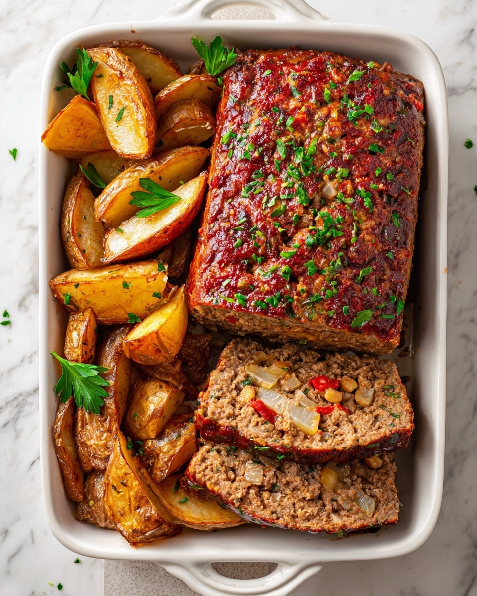 A white rectangular baking dish with a browned meatloaf placed slightly to the right, sliced to show the inside filled with red pepper pieces, walnuts, and white cheese chunks; around the meatloaf are roasted potato wedges and orange sweet potato chunks, both with charred edges and sprinkled with green herbs; the dish is lined with white parchment paper and garnished with a few green parsley leaves, all set on a white marbled surface photo taken with an iphone --ar 4:5 --v 7