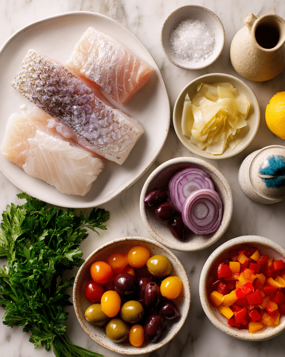 A white plate on the top left holds two large pieces of raw fish with light pink and grayish patterns and soft texture. Next to it is a small white speckled dish with coarse white salt. Below that, a small white bowl contains thin, pale yellow slices of garlic. To the right, a small white pepper grinder with a blue top stands near a light brown ceramic pitcher and a whole bright yellow lemon. A shallow beige bowl in the center holds several thin round rings of purple onion with a smooth shiny surface. Below this, a small white bowl is filled with dark reddish-brown olives, some glossy and whole. A green bunch of fresh parsley with leafy texture lies on the bottom left. Next to it, a white speckled bowl is full of small vibrant cherry tomatoes in red, yellow, and orange with a glossy finish. On the bottom right, a white bowl contains chopped pieces of bright red bell pepper with a shiny surface. The items are arranged on a white marbled surface. Photo taken with an iphone --ar 4:5 --v 7
