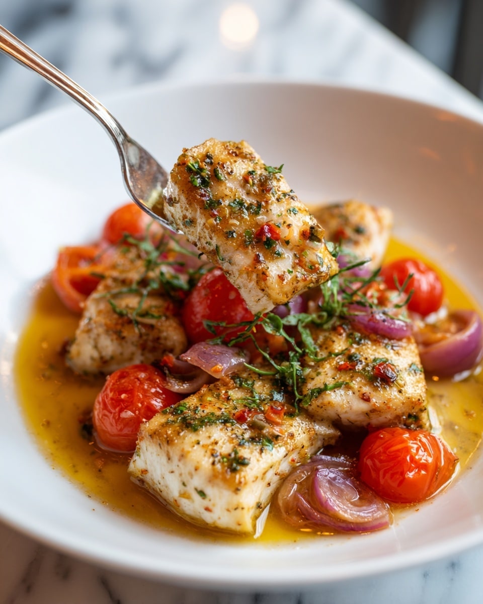 A white baking dish filled with four layers of cooked white fish fillets seasoned with black pepper and herbs, each fillet topped with small bright red roasted cherry tomato halves and thin slices of purple-red onion scattered around. Fresh green dill sprigs are lightly placed over the fish and tomatoes. The dish is cooked in an orange-brownish oily sauce that pools at the bottom. A metal fork held by a woman's hand is lifting one piece of fish. The background is a white marbled texture. photo taken with an iphone --ar 4:5 --v 7