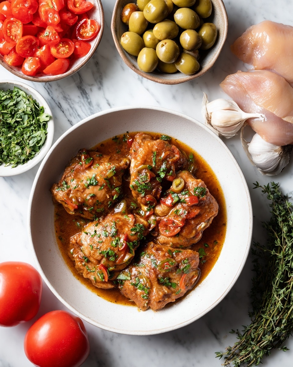 A white bowl filled with four cooked chicken pieces covered in a shiny brown sauce with green herbs sprinkled on top, placed on a white marbled surface. To the right of the bowl, there are two raw chicken pieces with a pale pink color and smooth texture. Above these, there are chopped bright red tomatoes, whole red cherry tomatoes, light green olives, a whole garlic bulb, and a few sprigs of fresh green herbs arranged neatly. Two whole red tomatoes are placed below the bowl. The lighting highlights the freshness and colors of all the ingredients, creating a vibrant and appetizing scene. photo taken with an iphone --ar 4:5 --v 7