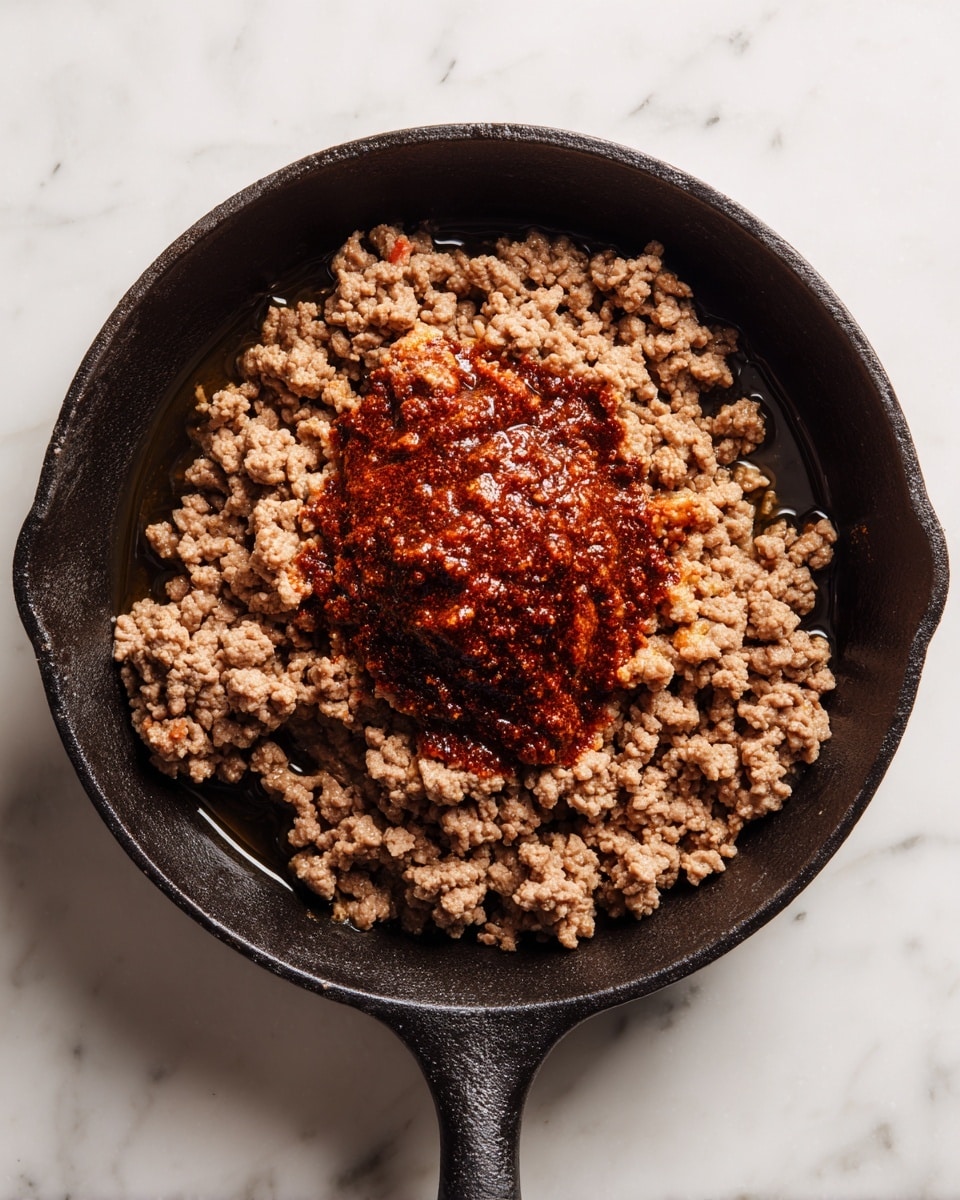 A black cast iron pan is filled with cooked light brown ground meat. On top in the center, there is a mound of reddish-brown sauce or seasoning mix. The pan rests on a white marbled surface. Photo taken with an iphone --ar 4:5 --v 7