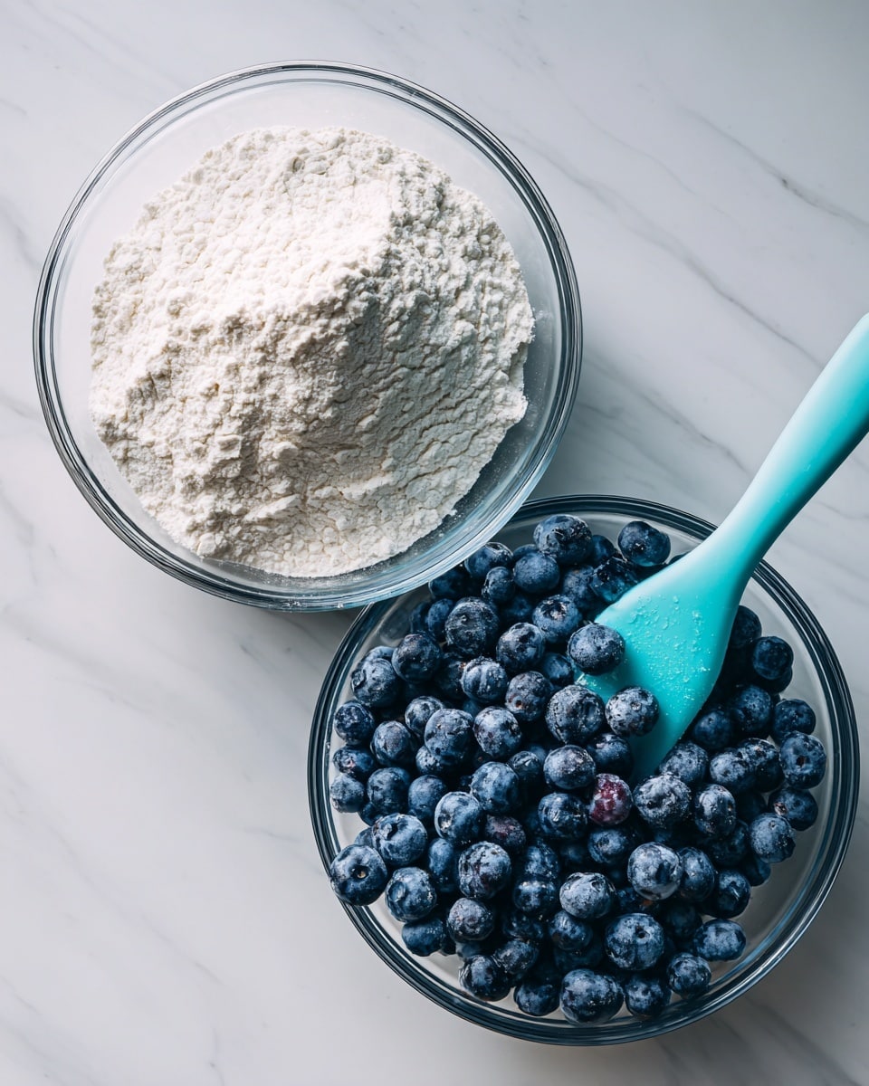 The image shows two clear glass bowls on a white marbled surface. The bowl on the left contains a single layer of white flour-like powder with a smooth texture and slight unevenness on top. The bowl on the right is filled with one layer of dark blue and purple blueberries covered in a light dusting of white powder. A turquoise spatula is partially visible in the bowl on the right, resting among the blueberries. photo taken with an iphone --ar 4:5 --v 7