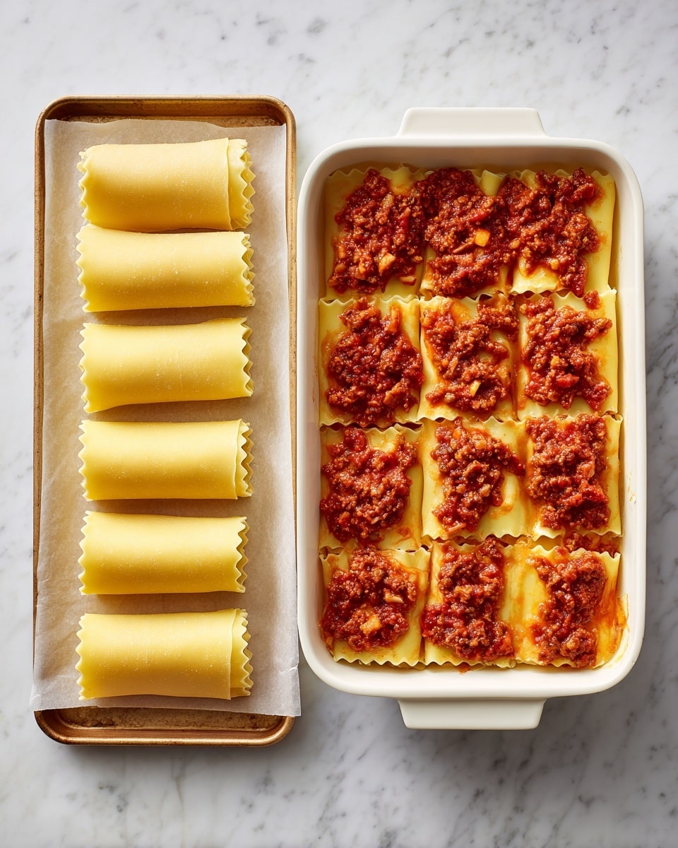 The image shows two different views of a layered pasta dish. On the left side, there are six rolled pasta pieces placed in a row on the left edge of a baking tray covered with white parchment paper, each filled and sealed with a jagged pasta edge. The pasta is pale yellow with an orange-red filling visible at the ends. The right side shows a white baking dish filled with a layered baked pasta cut into twelve square pieces arranged in a 3 by 4 grid. Each square is topped generously with a thick, chunky reddish-brown meat and tomato sauce, with bits of tomato visible, covering the yellow pasta underneath. The dish is placed on a white marbled surface. photo taken with an iphone --ar 4:5 --v 7