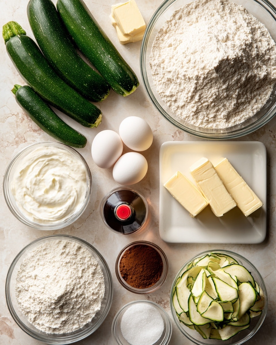 The image shows a white marbled surface with several clear and white dishes holding separate ingredients. Starting from the top left corner, there are three whole green zucchinis placed directly on the surface. Above them is a large clear glass bowl filled with white flour. To the right, a white rectangular plate holds two sticks of pale yellow butter and two white eggs. Below the zucchinis, a small clear bowl contains thick white yogurt. Next to that is a small dark bottle with a red cap, likely vanilla extract. Near the middle right, a medium clear bowl has white granulated sugar. Below that, a small white dish holds salt and baking soda powders. To the bottom left, a large clear bowl is filled with white powdered sugar. In the bottom center, a white small plate has a stick of yellow butter, a quarter cup scoop of cocoa powder, and a small clear measuring cup with white liquid cream. Finally, at the lower right corner, a clear measuring cup is filled with shredded green zucchini. photo taken with an iphone --ar 4:5 --v 7