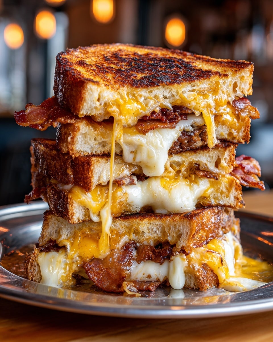 The image shows a tall sandwich made with three thick slices of toasted bread that are golden brown with a slightly burnt texture on top. Inside, there are layers of melted yellow and white cheese dripping over and between thick, browned meat pieces. Crispy bacon strips are spread unevenly on top of the cheese and meat layers. The sandwich sits on a round silver plate against a white marbled surface background. Photo taken with an iphone --ar 4:5 --v 7