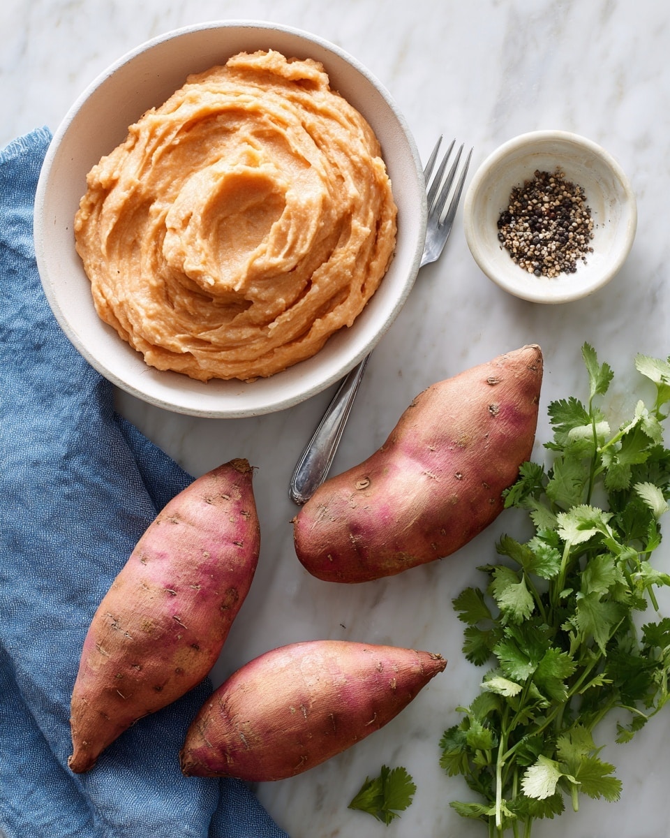 The image shows a close-up of four raw sweet potatoes with rough, reddish-purple skins arranged on a white marbled surface. Near the top center, there is a white bowl filled with smooth, creamy mashed sweet potato that is pale orange in color, with swirled texture on top. To the right of the bowl is a smaller white dish containing cracked black pepper. A silver fork with a long handle lies diagonally between the vegetables and the bowls. At the lower right corner, fresh green cilantro adds a pop of color. A blue cloth peeks from the bottom left corner. Photo taken with an iphone --ar 4:5 --v 7