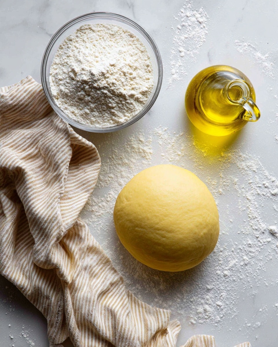 A smooth, round ball of dough sits in the lower center on a white marbled surface dusted lightly with flour. To the upper left, a clear glass bowl filled with white flour contrasts with the dough, and to the upper right, a rounded clear glass bottle filled with yellow olive oil rests on the surface. A striped beige and white cloth is draped loosely in the lower left corner. The overall scene is bright, clean, and ready for baking. photo taken with an iphone --ar 4:5 --v 7